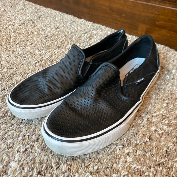 Vans Slip On Sneakers Black Leather Low Top Perforated Women’s 11 - Picture 1 of 6